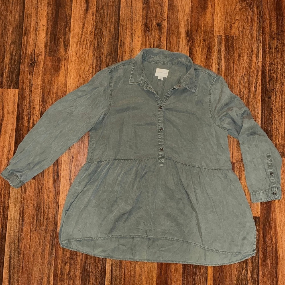 American Eagle Olive Green Babydoll Tunic Shirt XL Long Sleeve High Low Hem